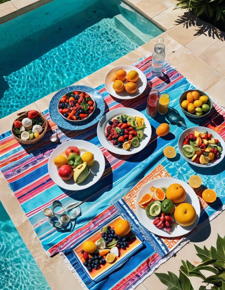 A vibrant poolside scene featuring stylish two-piece swimwear in diverse colors and patterns on sunbathers lounging on colorful beach towels. Include a beautifully arranged outdoor table with gourmet summer dishes and fresh fruits, surrounded by lush greenery. Bright sunlight illuminating the scene with splashes of water from a nearby pool. summer vibes. lively atmosphere. super-realistic. vibrant colors.
