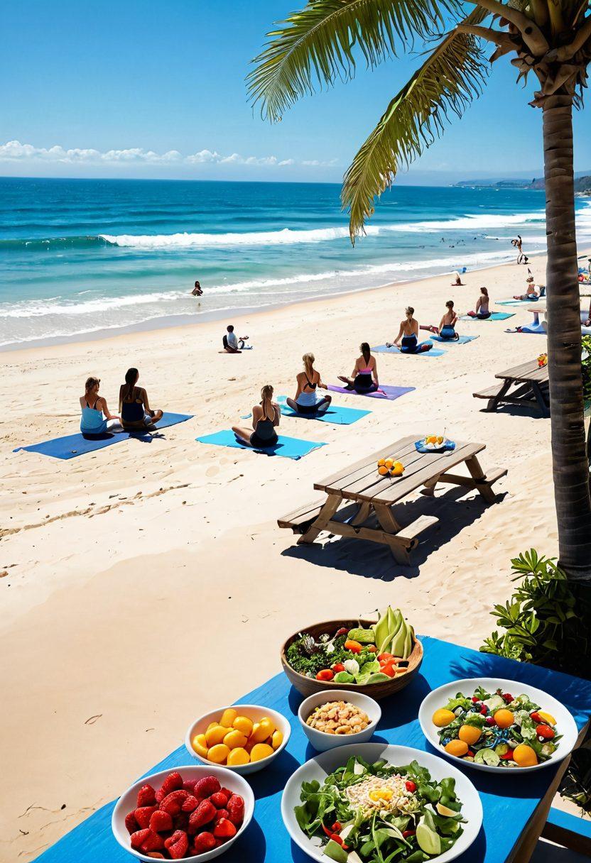 A sun-kissed beach with fit individuals enjoying various beach activities, such as yoga, volleyball, and jogging, while a nearby picnic table displays an array of colorful, fresh summer dishes like salads and tropical fruits. The ocean waves gently lap at the shore under a bright, blue sky, encapsulating the essence of a joyful summer lifestyle. super-realistic. vibrant colors. 3D.