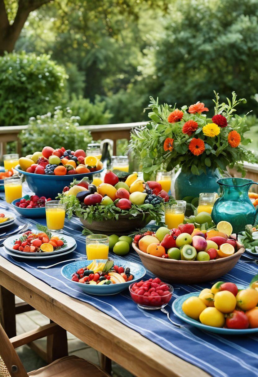 A beautifully arranged summer feast table outdoors, overflowing with vibrant dishes featuring fresh, colorful seasonal fruits and vegetables. A backdrop of lush green foliage and bright blue skies enhances the outdoor dining experience. Incorporate elements like elegant tableware, refreshing drinks in glass pitchers, and aromatic herbs. Capture the essence of summer joy and culinary creativity. super-realistic. vibrant colors. natural lighting.